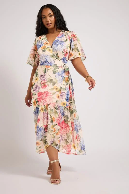 Yours London YOURS LONDON Curve White Floral Print Metallic Wrap Dress