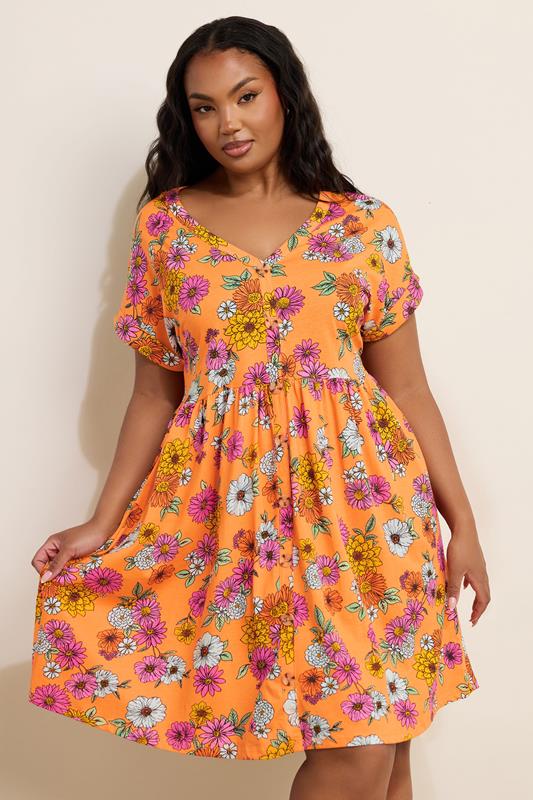 Yours YOURS Curve Orange Floral Print Button Front Smock Dress