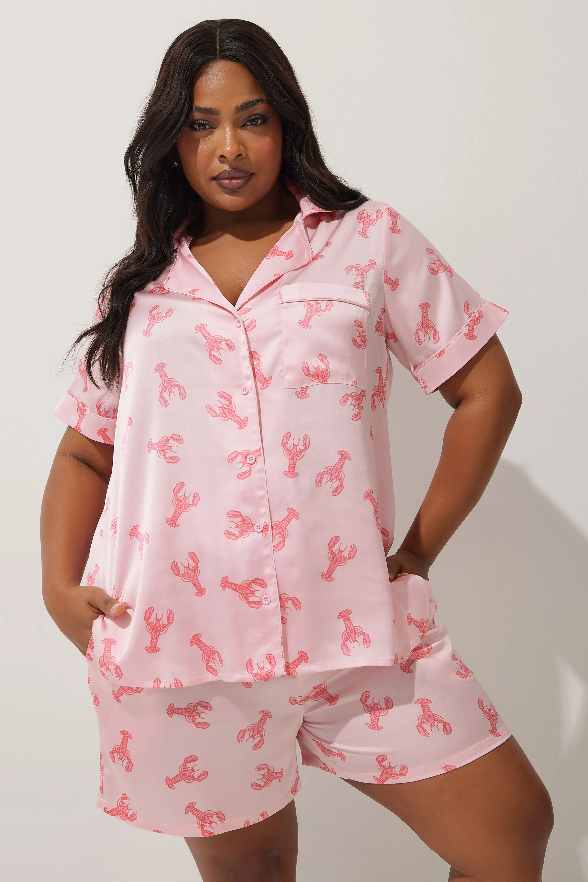 Limited Collection LIMITED COLLECTION Curve Pink Lobster Print Satin Pyjama Set