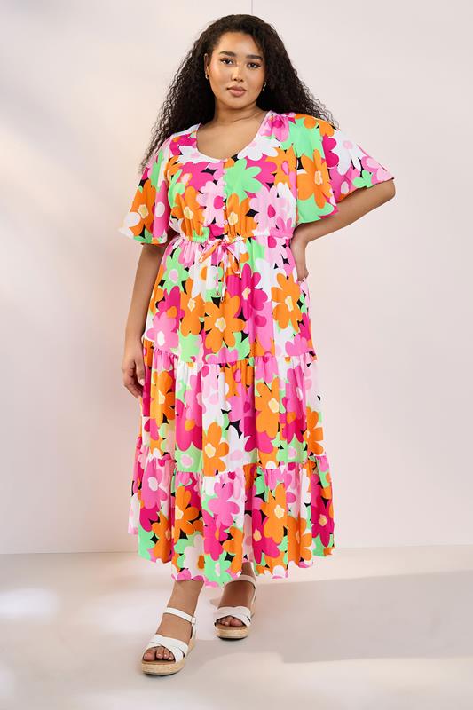 Yours YOURS Curve Pink Floral Angel Sleeve Maxi Dress
