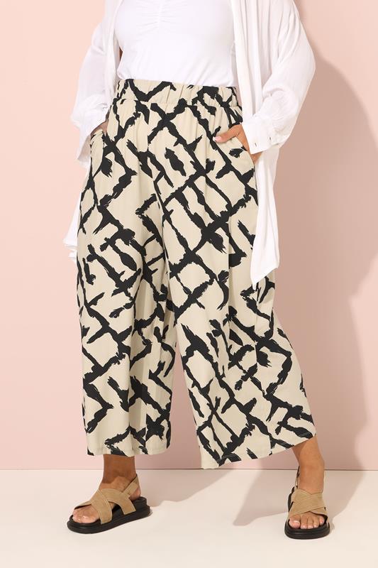 Yours YOURS Curve Natural Brown Abstract Print Wide Leg Trousers