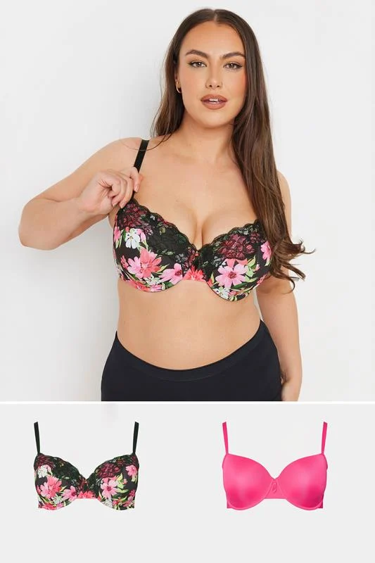 Yours YOURS 2 PACK Curve Black & Pink Floral Print Padded Bras