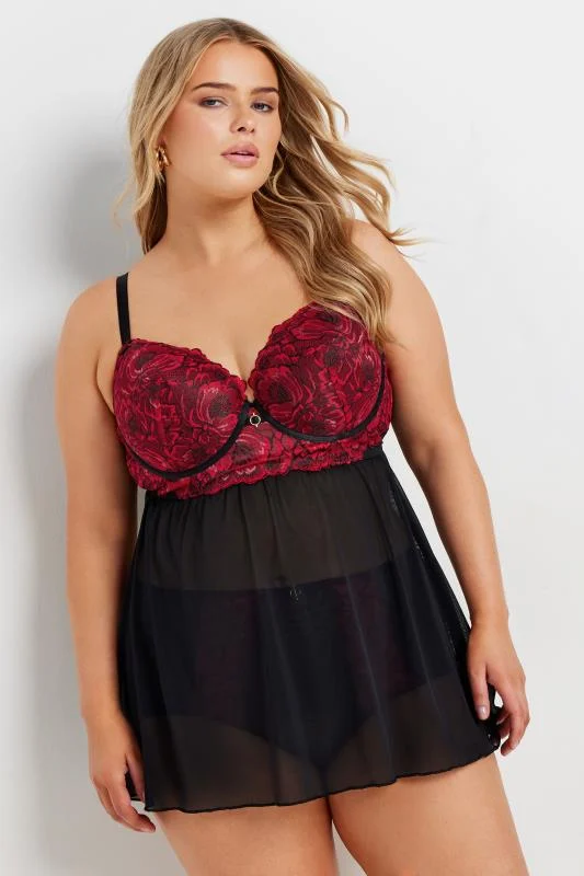 Yours YOURS Curve Red & Black Floral Lace Padded Babydoll