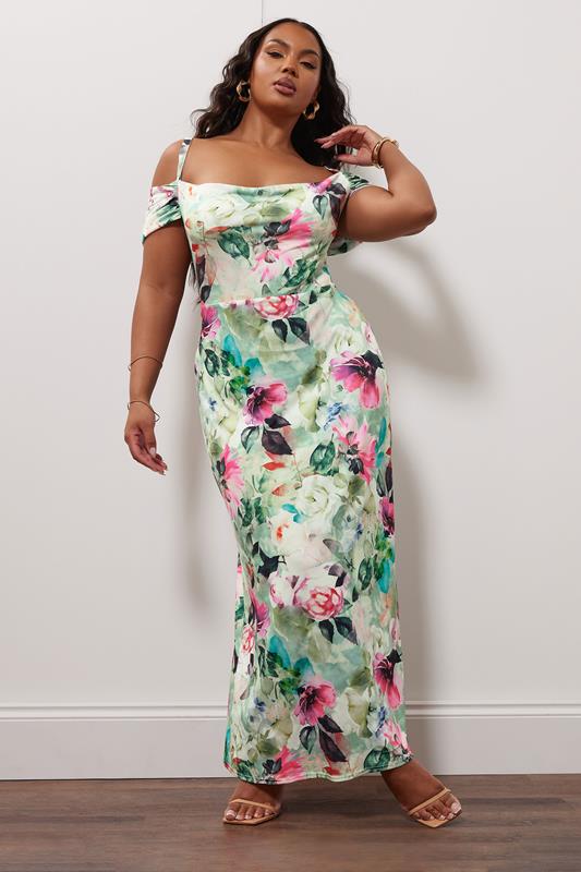 Yours London YOURS LONDON Curve Green Floral Print Cold Shoulder Dress