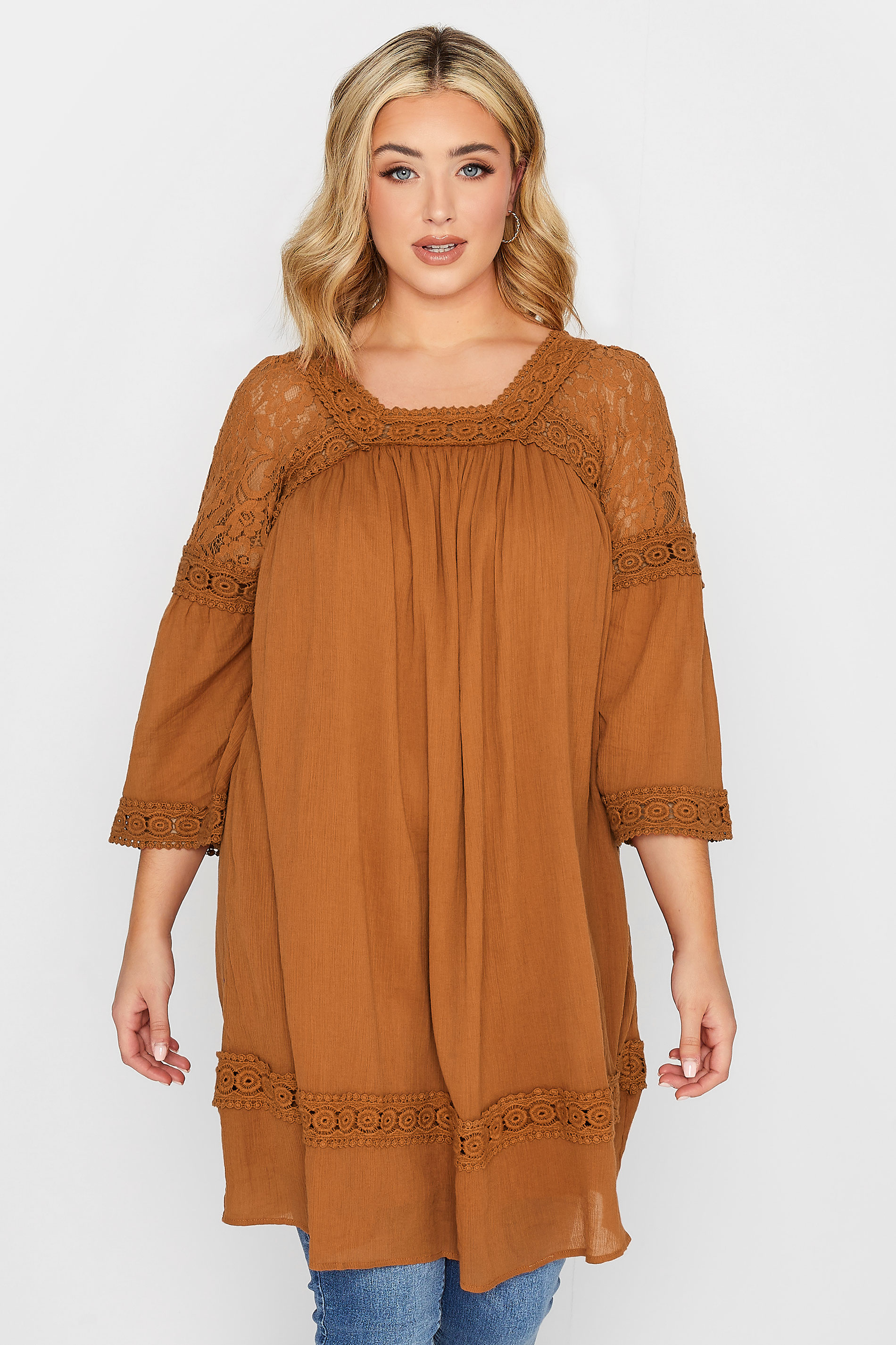 Yours YOURS Curve Orange Crochet Lace Tunic Blouse