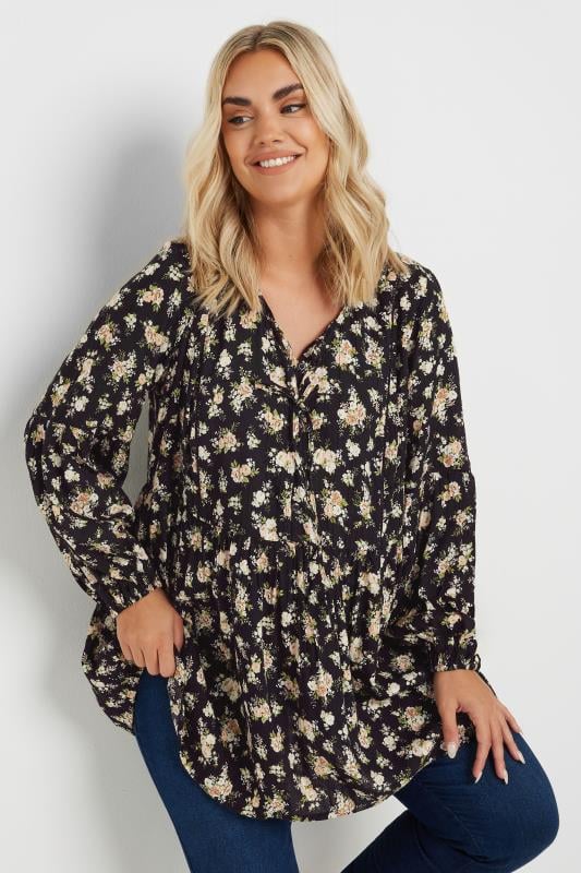 Yours YOURS Curve Black Floral Print Tie Neck Blouse