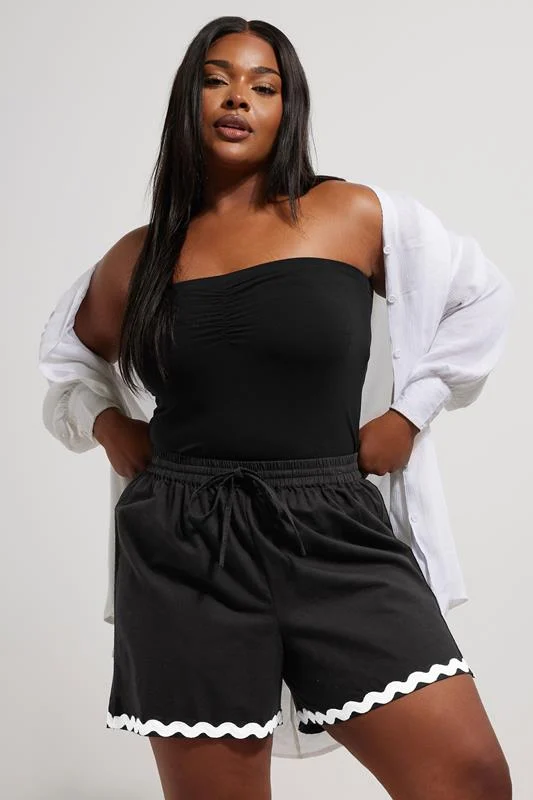 Yours YOURS Curve Black Contrast Swirl Embroidered Hem Shorts