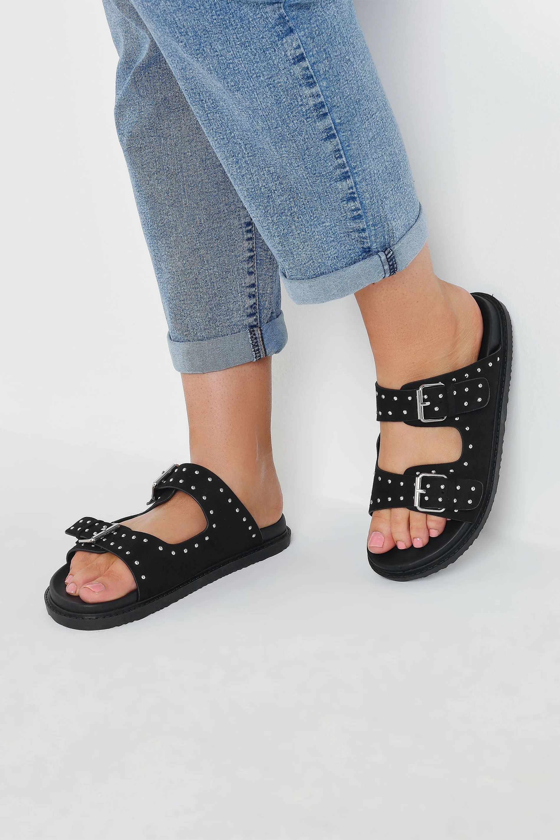 Yours Black Studded Buckle Strap Sandals In Extra Wide EEE Fit