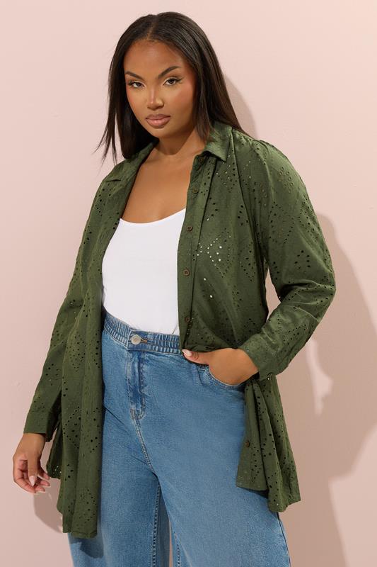 Yours YOURS Curve Khaki Green Broderie Anglaise Shirt
