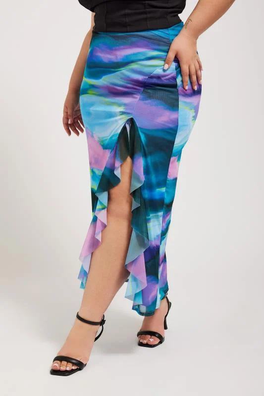 Yours London YOURS LONDON Curve Blue Abstract Print Ruffle Maxi Skirt