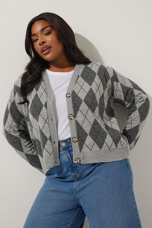 Limited Collection LIMITED COLLECTION Curve Grey Argyle Knitted Cardigan