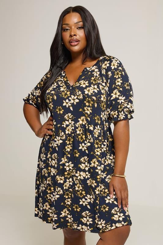 Yours YOURS Curve Navy Blue Floral Notch Neck Mini Dress