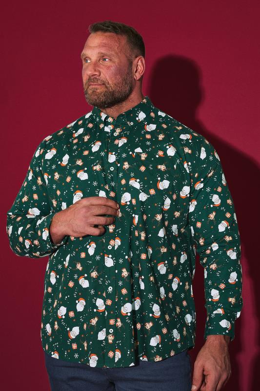 BadRhino BadRhino Big & Tall Green Santa Print Shirt