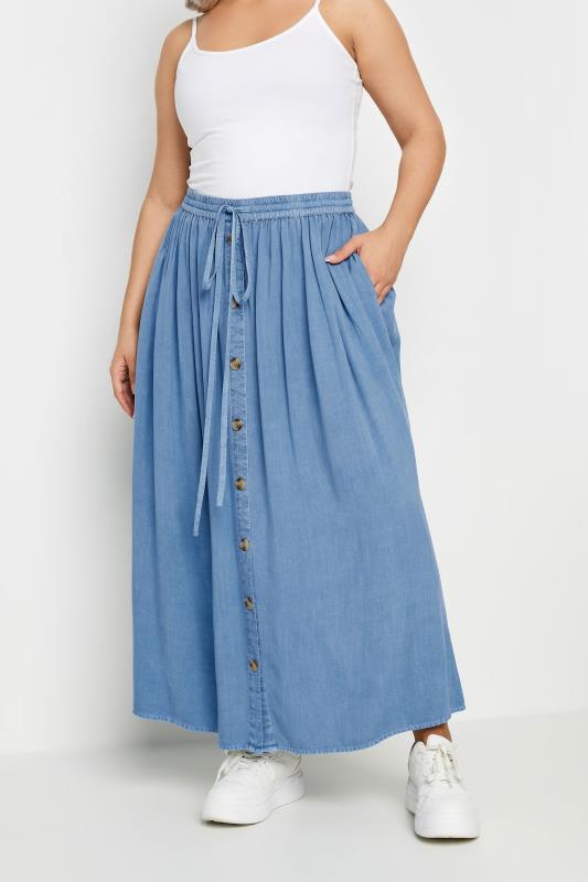 Yours YOURS Curve Blue Chambray Button Front Maxi Skirt