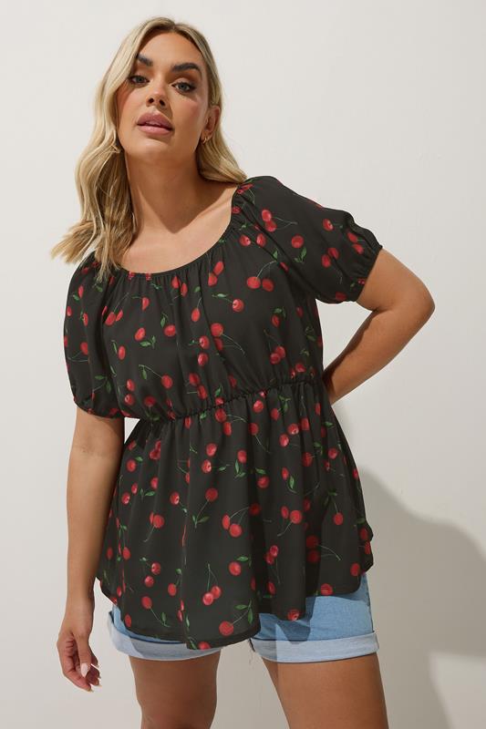 Limited Collection LIMITED COLLECTION Curve Black Cherry Print Puff Sleeve Top