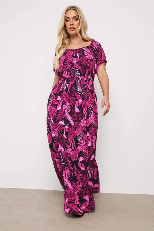 Yours YOURS Curve Hot Pink Palm Print Tie Neck Maxi Dress