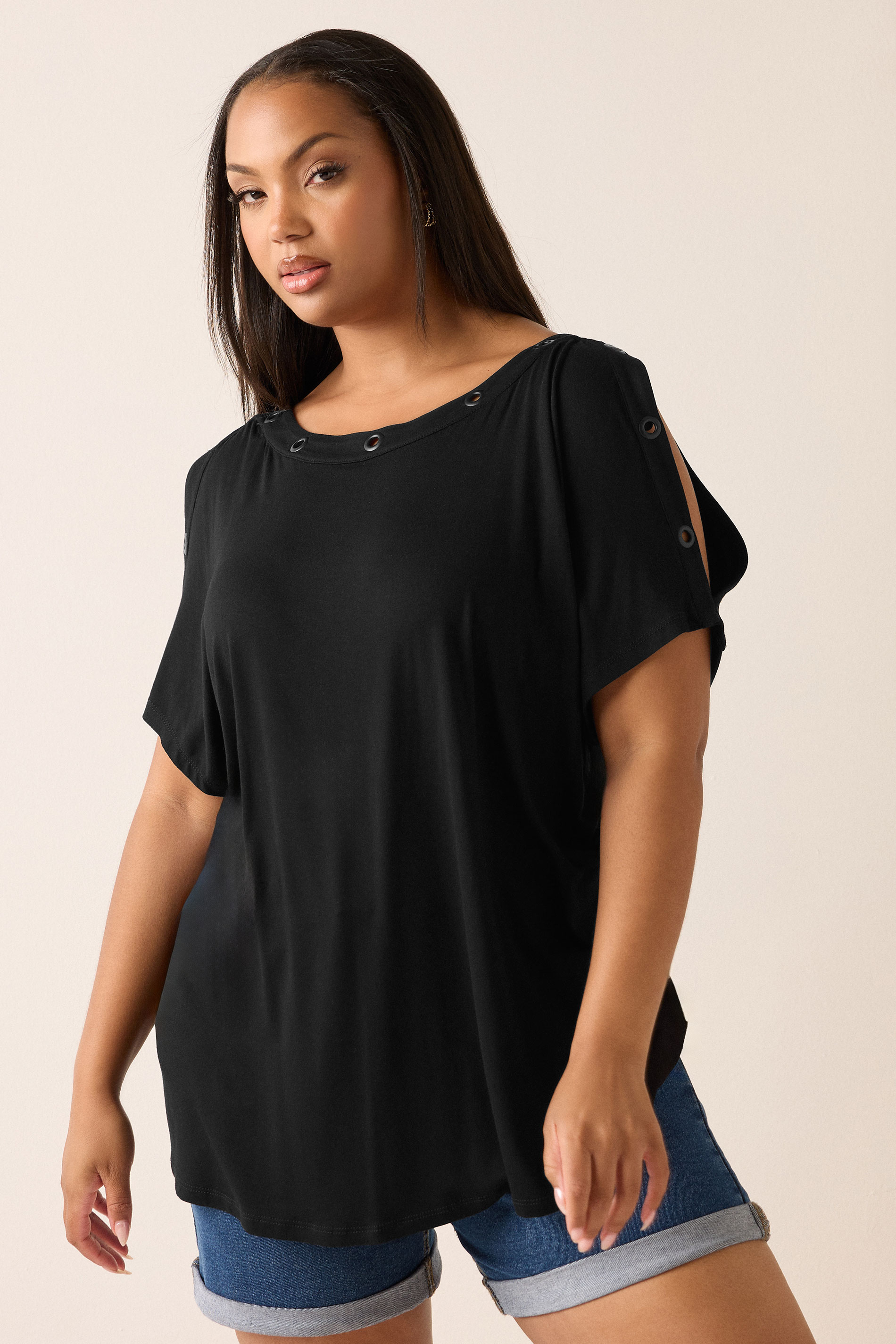 Yours YOURS Curve Black Eyelet Detail Top