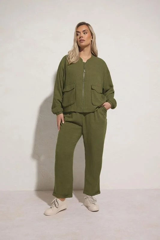 Yours YOURS Curve Khaki Green Formal Linen Trousers