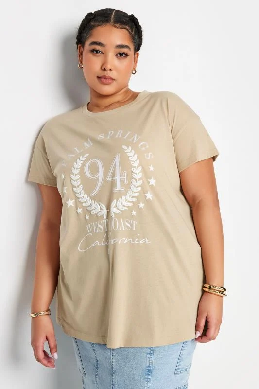 Yours YOURS Curve Beige Brown 'Palm Springs' Slogan T-Shirt