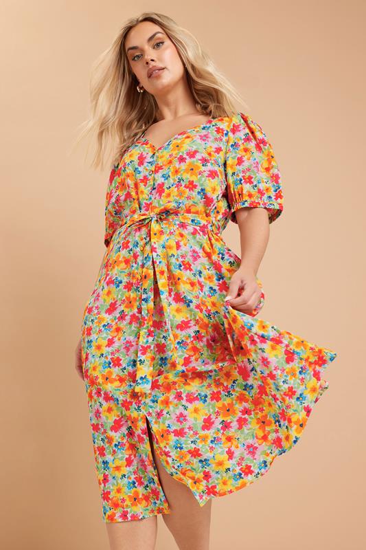 Yours YOURS Curve Orange Sweetheart Neckline Floral Print Tea Dress