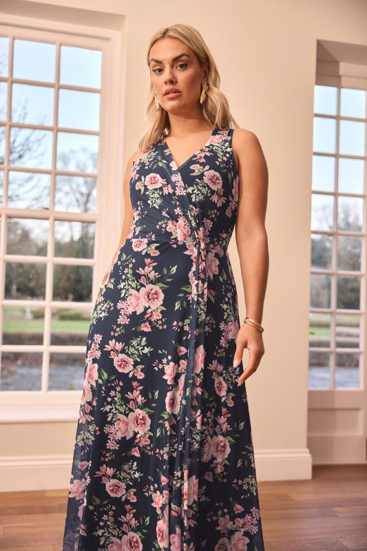 Yours London YOURS LONDON Curve Navy Blue Floral Mesh Draped Maxi Dress