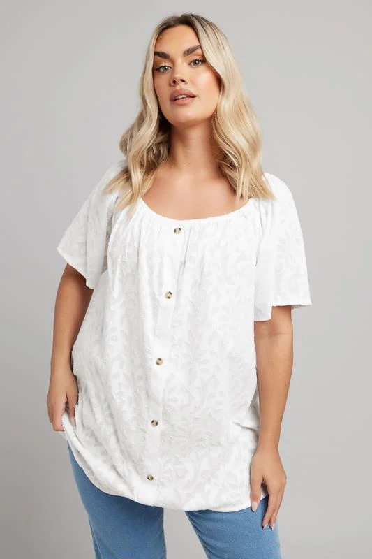 Yours YOURS Curve White Burnout Leaf Button Detail Blouse