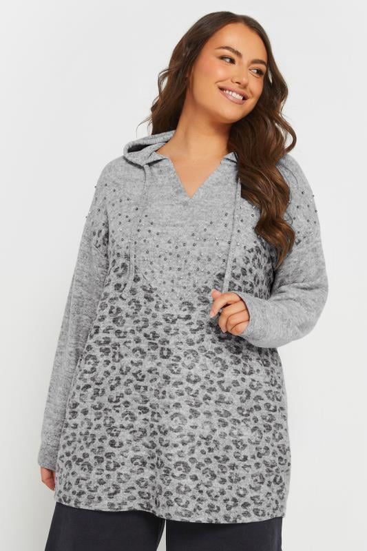 Yours YOURS Curve Light Grey Leopard Print Stud Hoodie