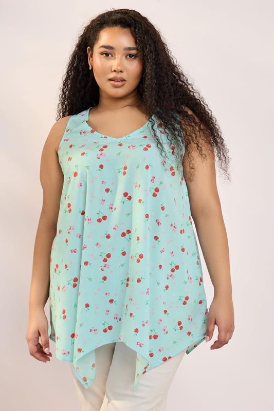 Yours YOURS Curve Light Blue Cherry Print Vest Top