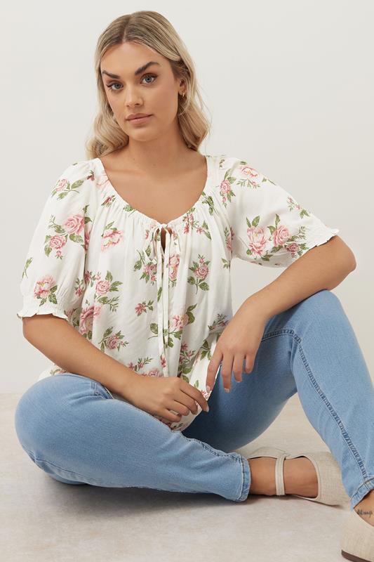 Yours YOURS Curve White & Pink Floral Tie Neck Blouse