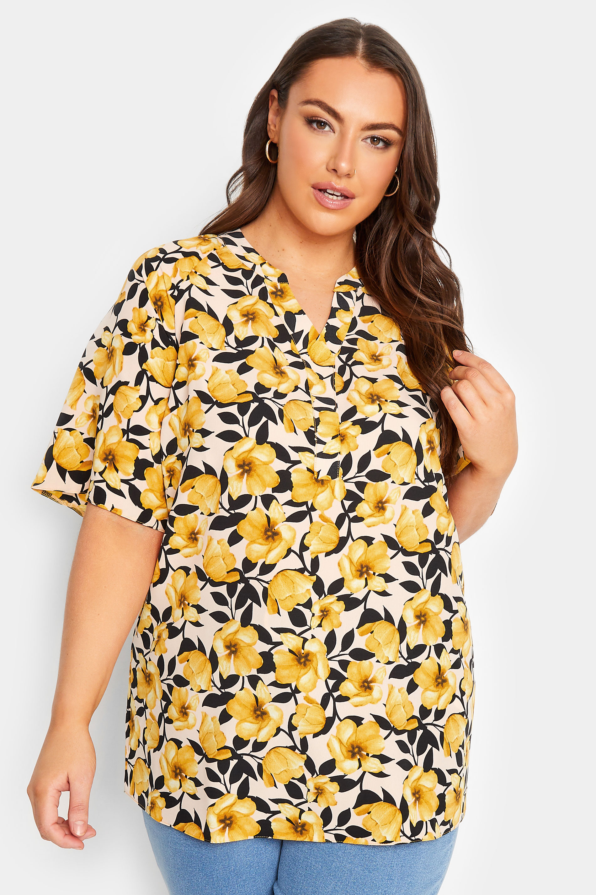 Yours YOURS Curve Yellow Floral Print V-Neck Blouse