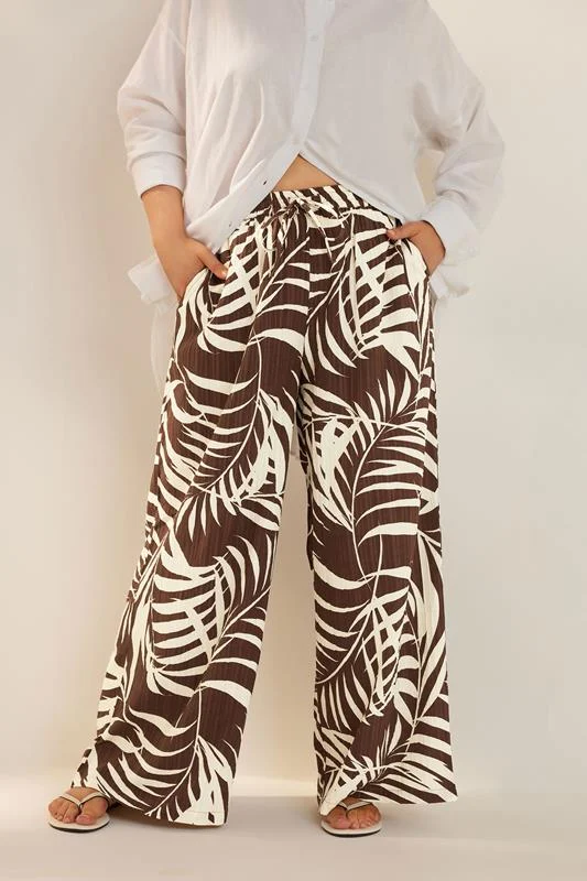 Yours YOURS Curve Brown Palm Print Textured Wide Leg Trousers