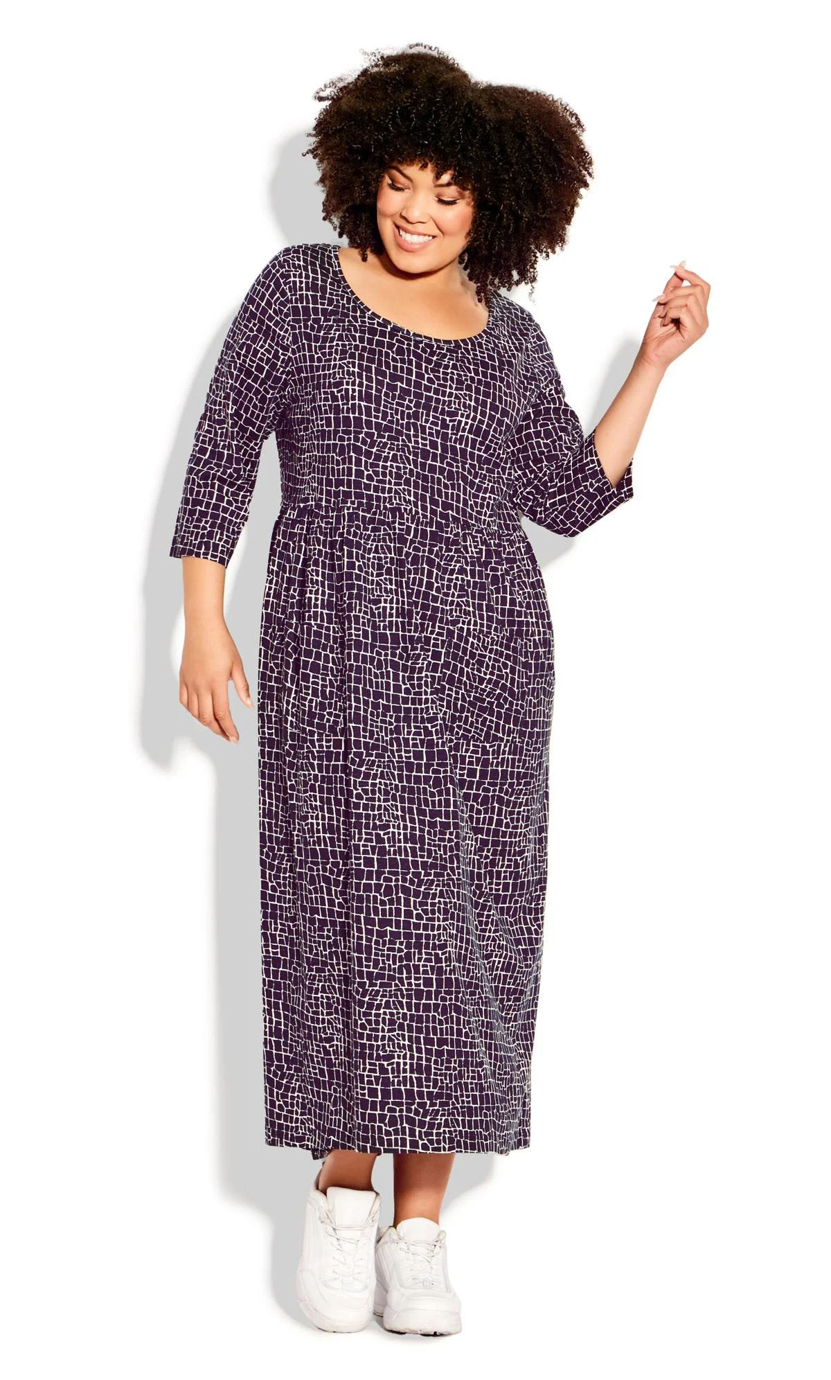 Evans Evans Navy Blue Check Print Long Sleeve Maxi Dress