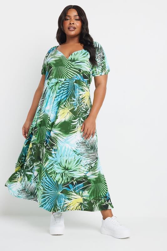 Yours YOURS Curve Blue & Green Tropical Leaf Print Maxi Dress