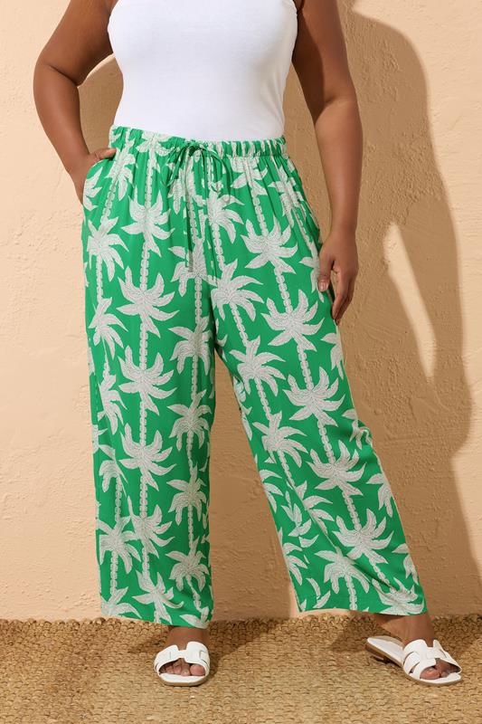 Yours YOURS Curve Green Tropical Palm Wide Leg Trousers
