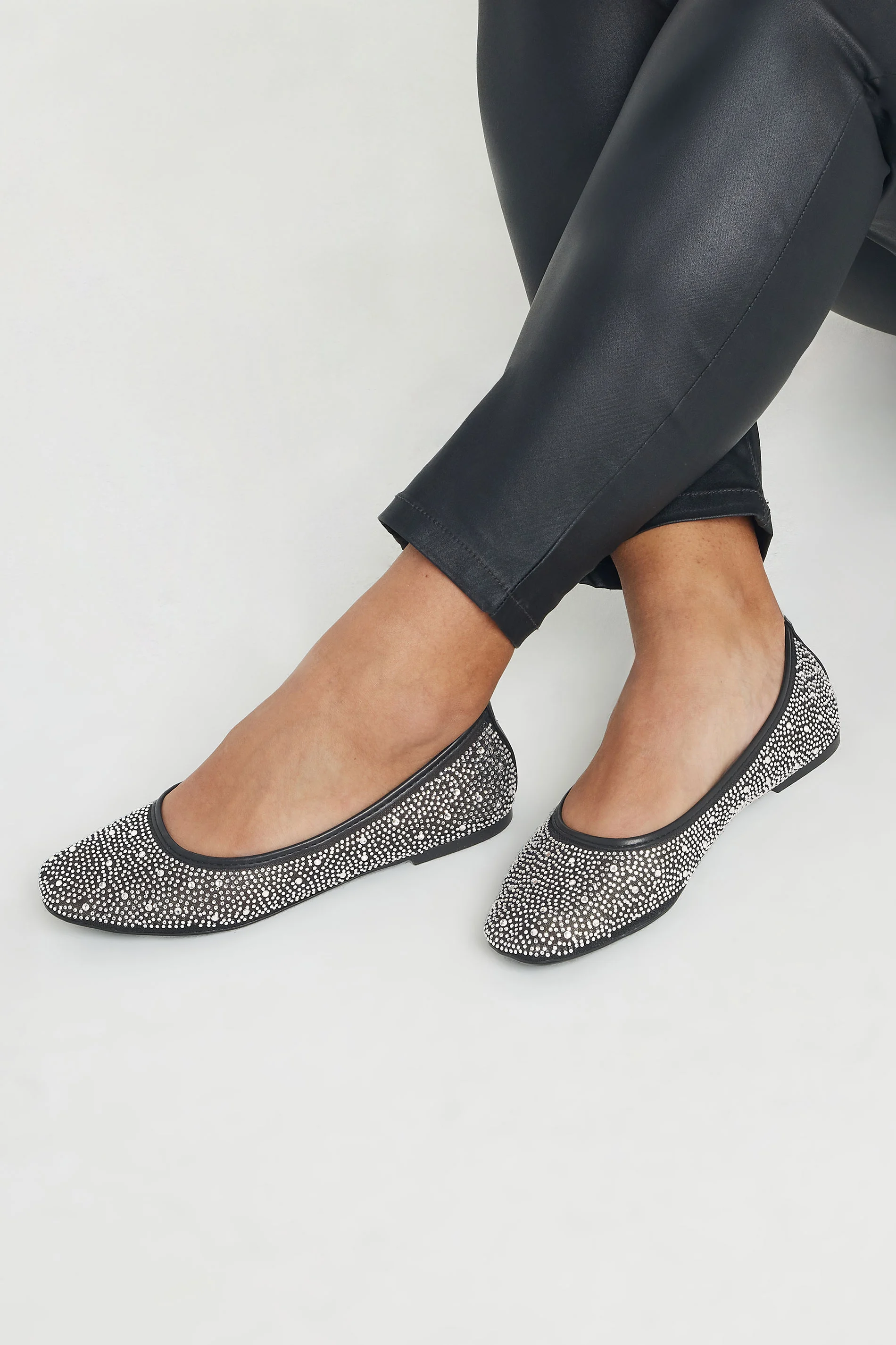 Yours Black Mesh Diamante Embellished Ballerina Pumps In Wide E Fit