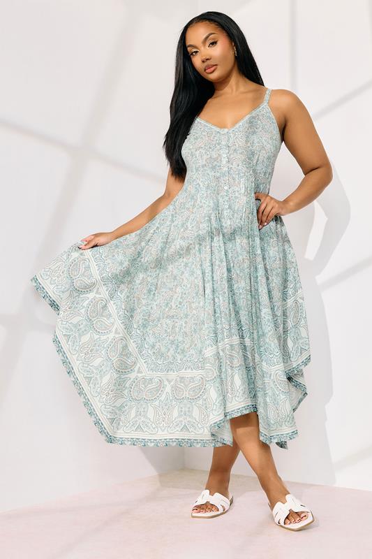Yours YOURS Curve Sage Green Paisley Hanky Hem Dress