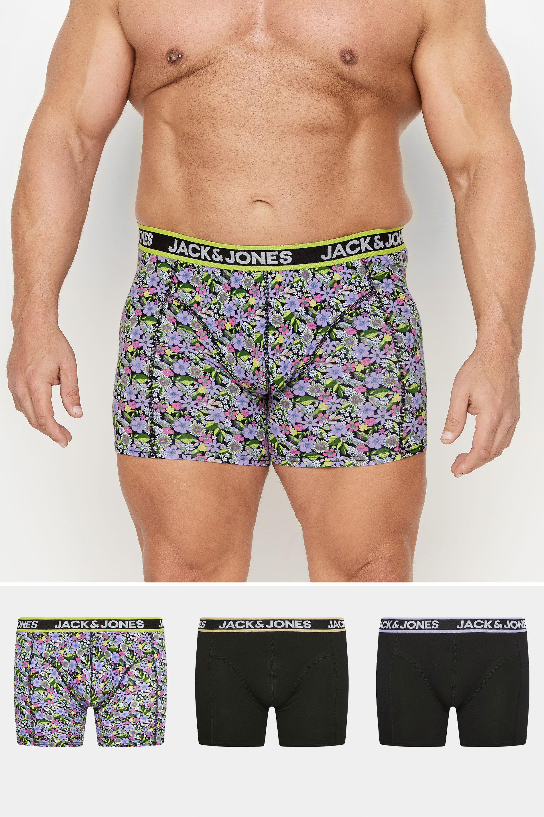 Jack & Jones JACK & JONES Black Floral & Plain 3 Pack Boxers