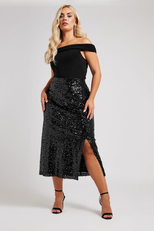 Yours London YOURS LONDON Curve Black Sequin Embellished Maxi Skirt