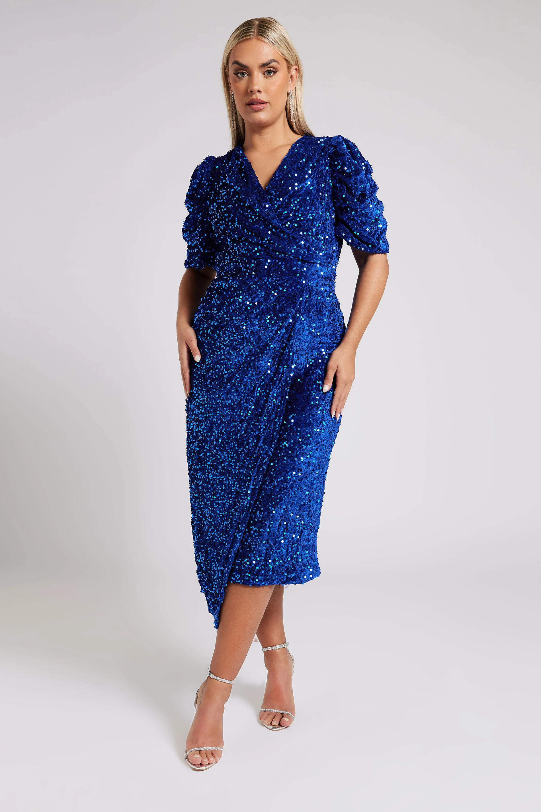 Yours London YOURS LONDON Curve Blue Sequin Velvet Wrap Dress