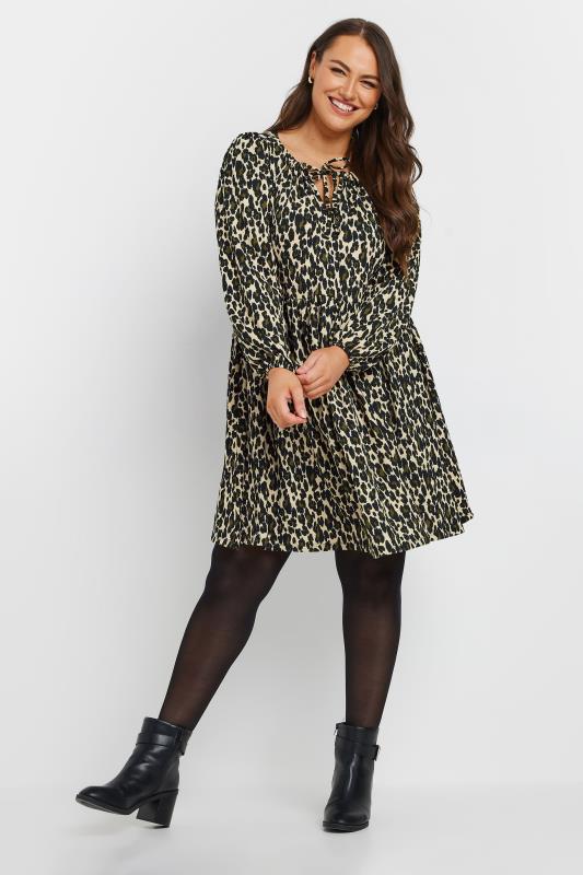 Yours YOURS Curve Natural Brown & Green Leopard Print Textured Tie Neck Dress