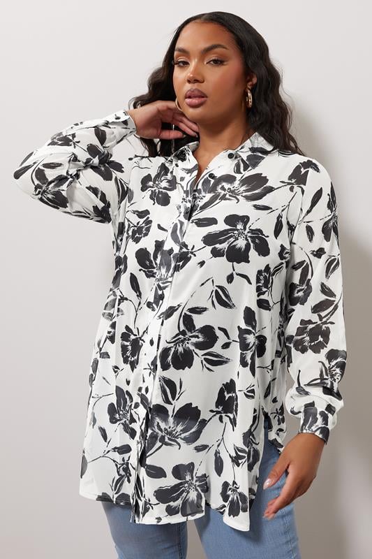 Yours London YOURS LONDON Curve Ivory White & Black Floral Boyfriend Shirt