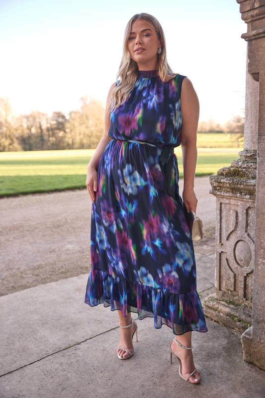 Yours London YOURS LONDON Curve Navy Blue Blurred Floral Print Maxi Dress