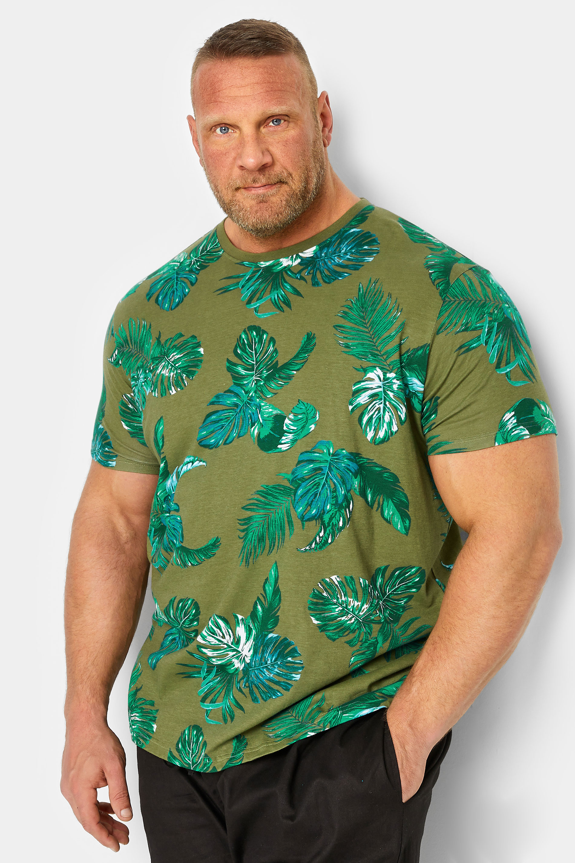 BadRhino BadRhino Big & Tall Khaki Green Tropical Leaf Print T-Shirt
