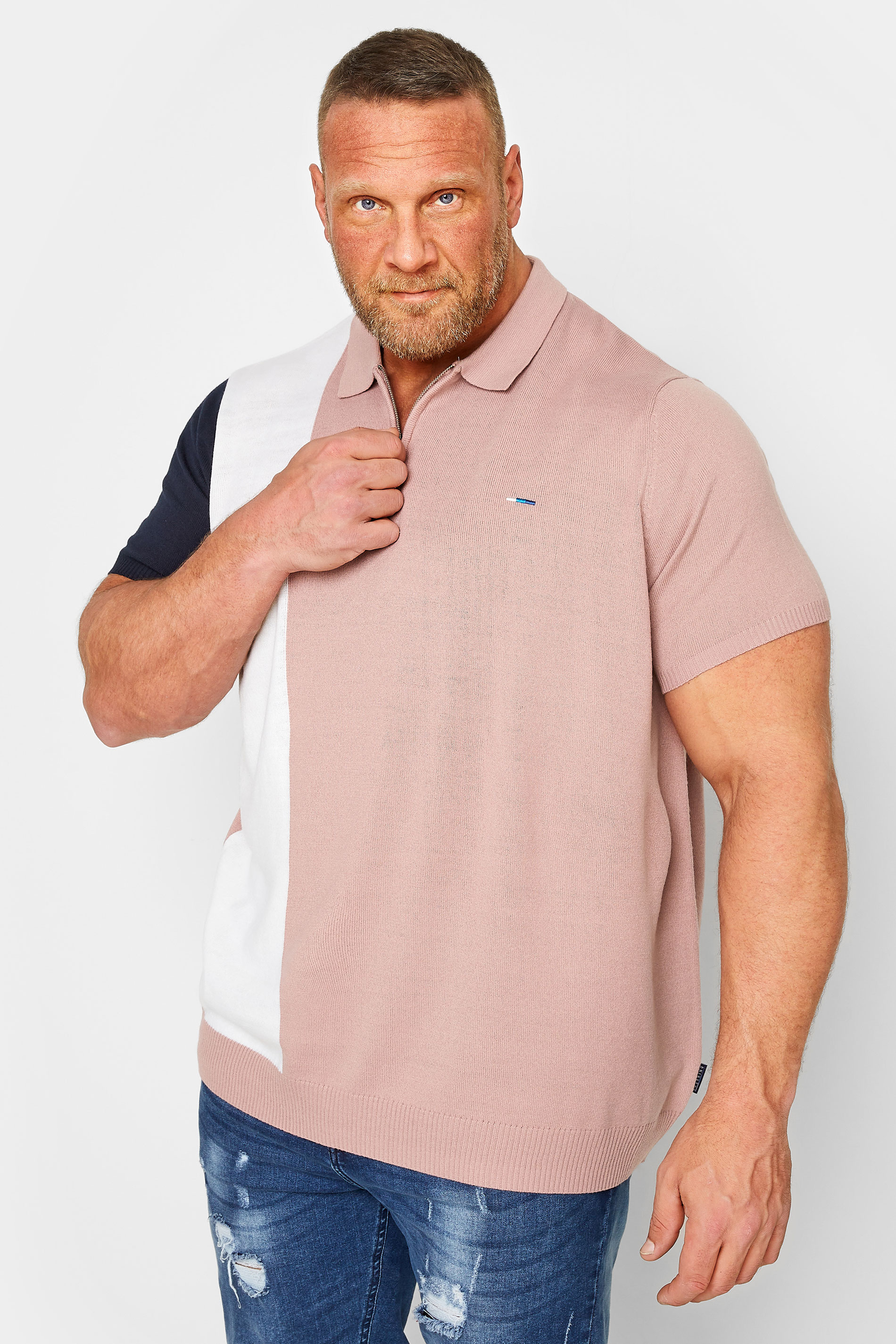 BadRhino BadRhino Big & Tall Pink Stripe Knitted Polo Shirt