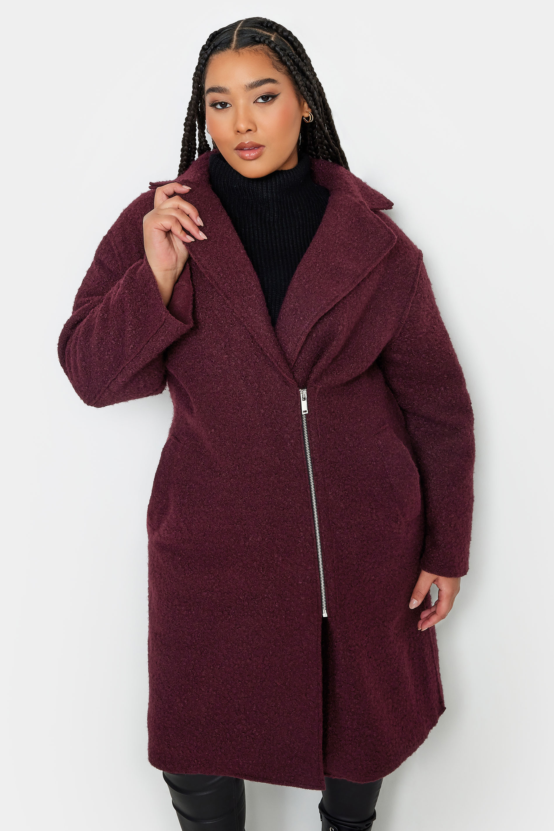 Yours YOURS Curve Burgundy Red Boucle Biker Coat