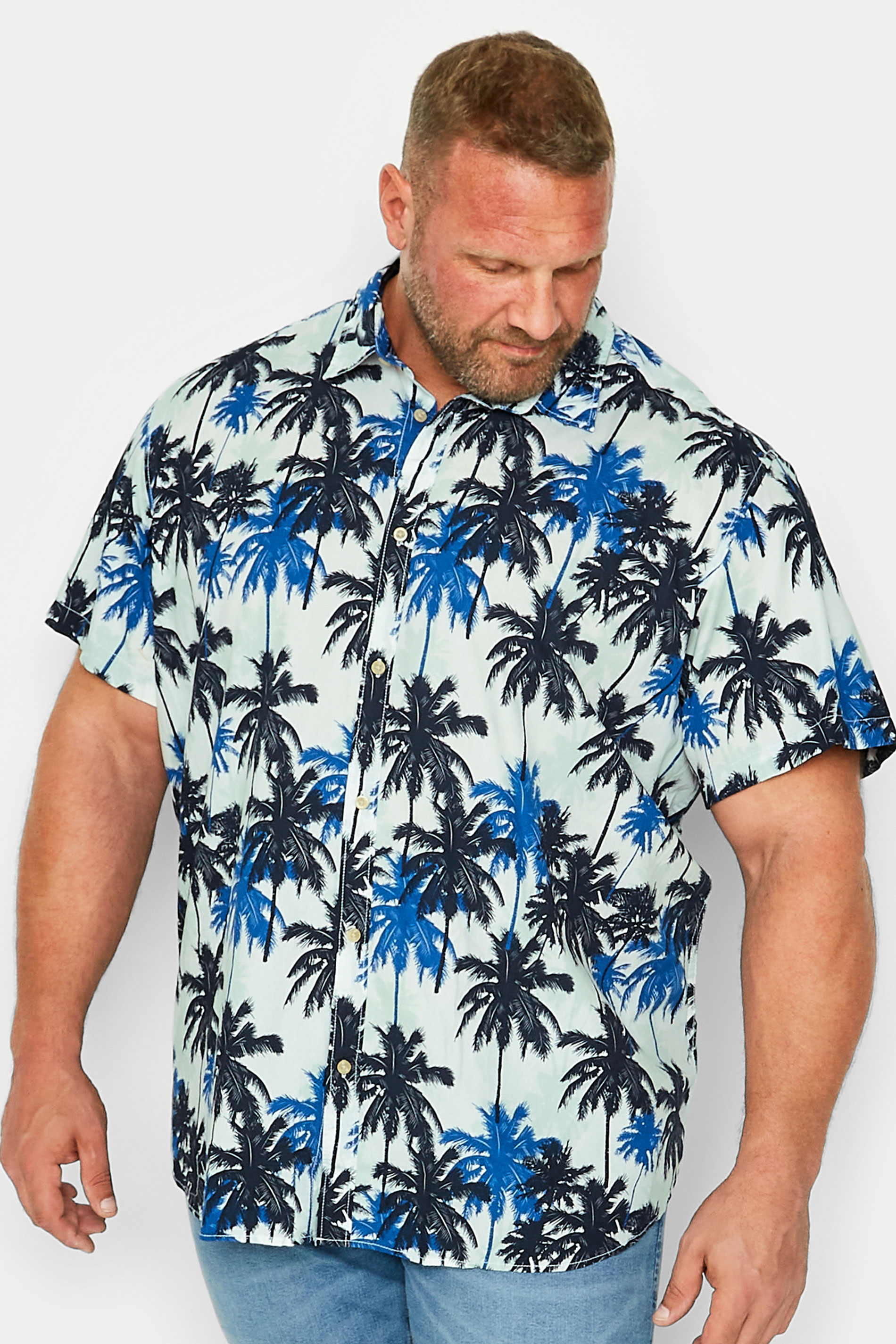 Jack & Jones JACK & JONES Big & Tall Blue Palm Tree Print Short Sleeve Shirt