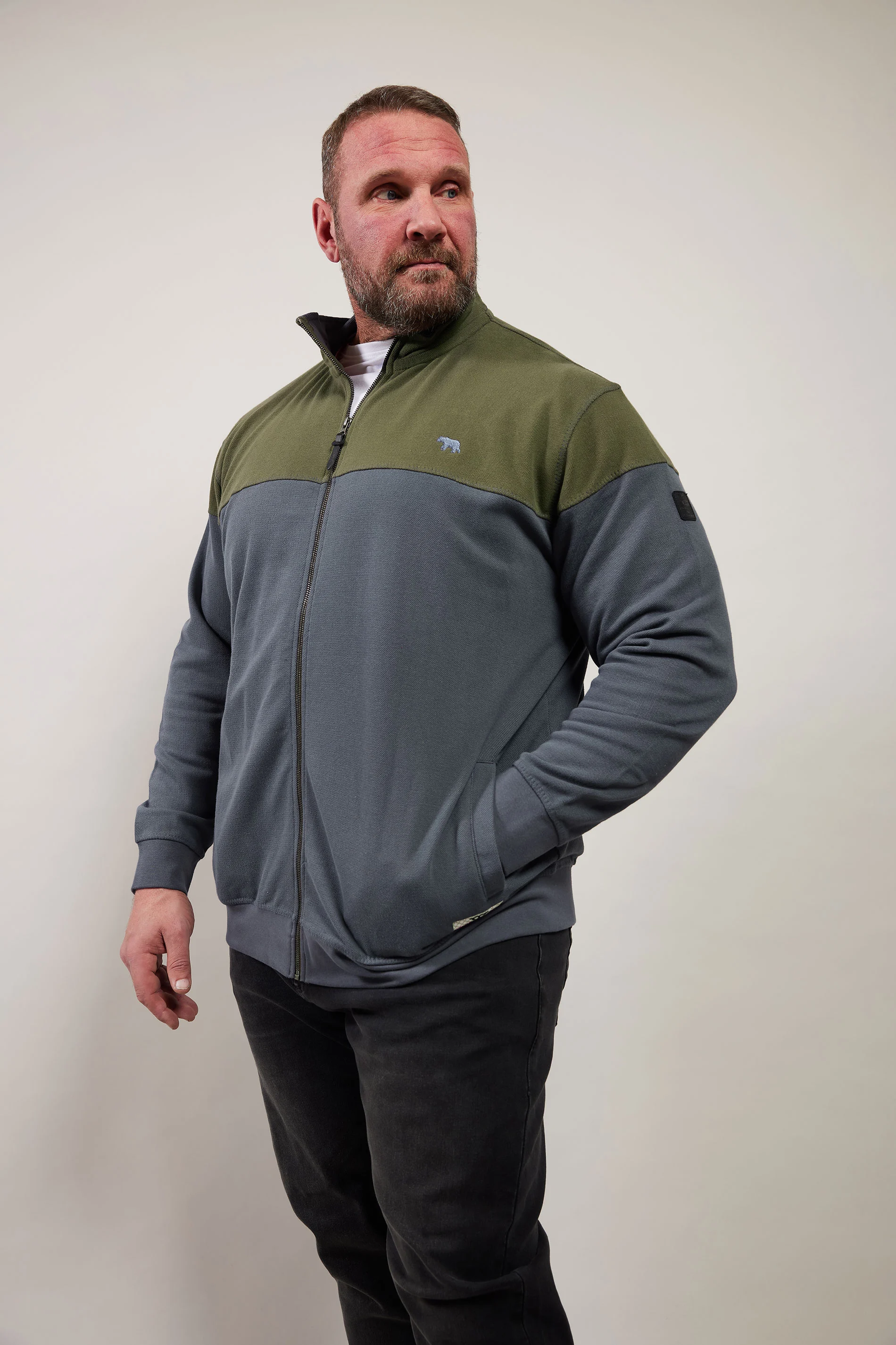 D555 D555 Big & Tall Khaki Green & Grey Zip Through Embroidered Logo Fleece