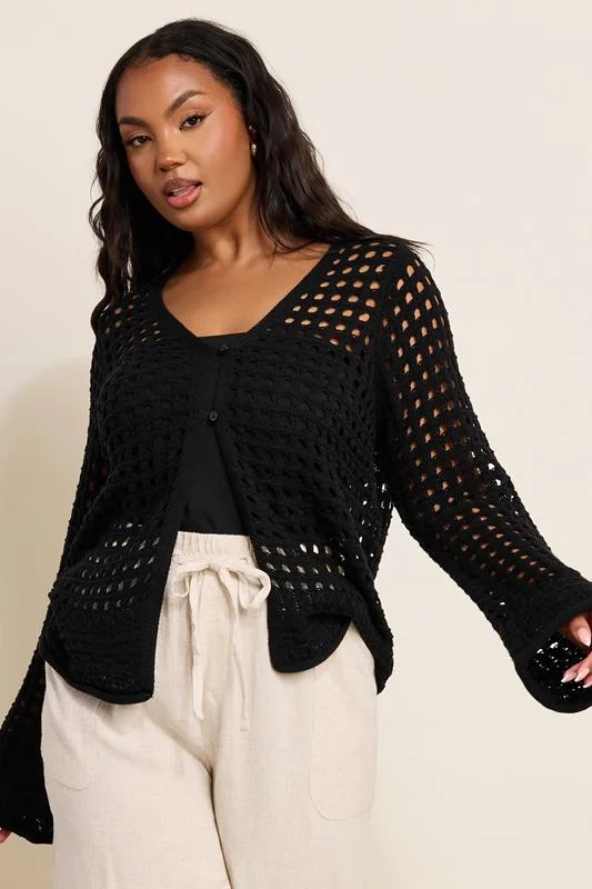 Yours YOURS Curve Black Button Through Crochet Cardigan