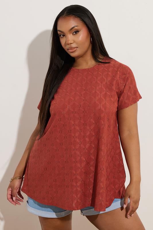 Yours YOURS Curve Orange Broderie Anglaise Textured Swing Top
