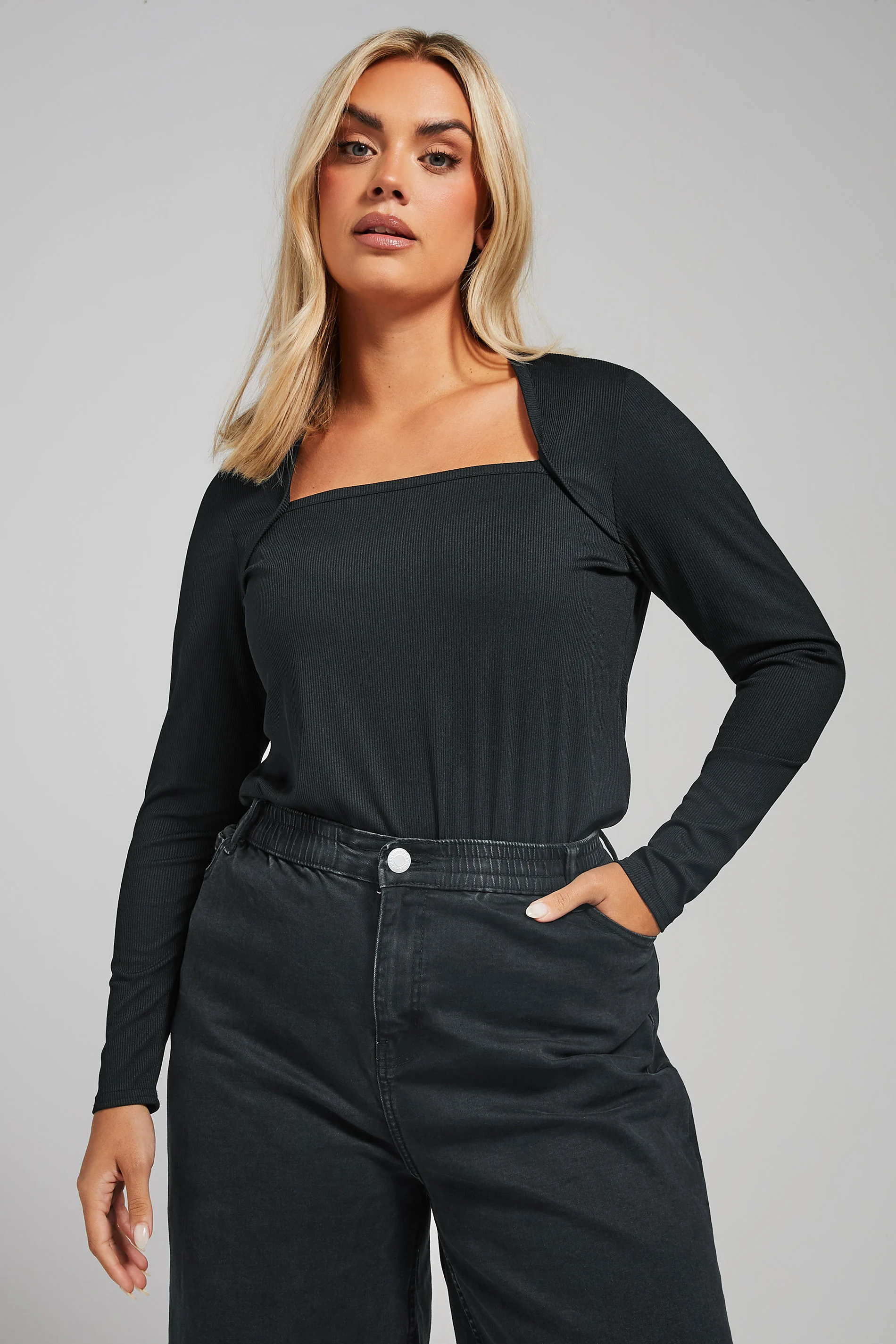 Limited Collection LIMITED COLLECTION Curve Black Square Neck Bolero Detail Top